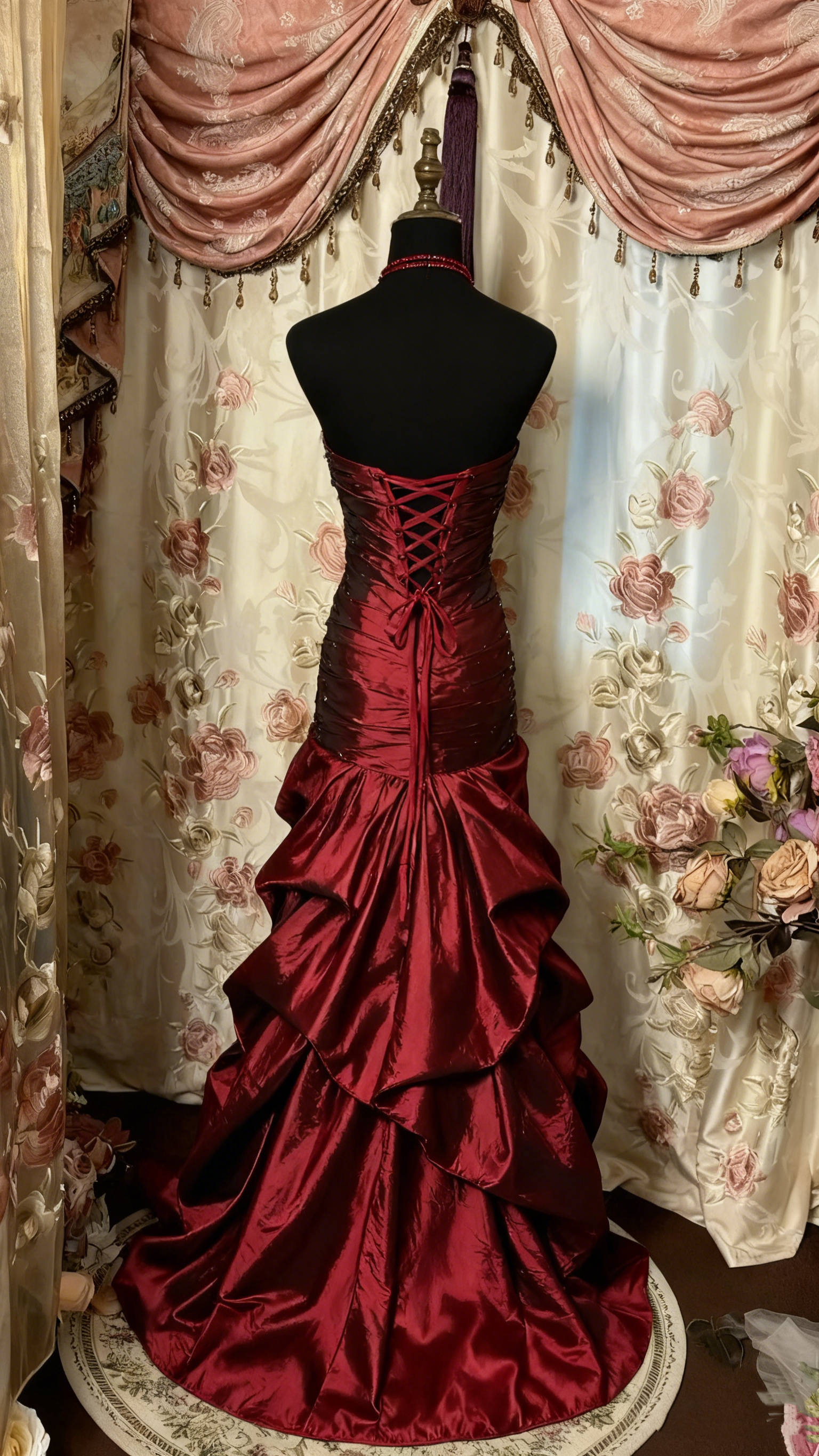 Red Tube Top Shiny Retro Elegant Long Layered Satin Ball Gown Formal Evening Dresses
