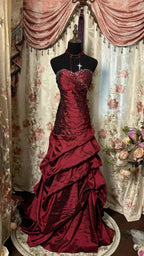 Red Tube Top Shiny Retro Elegant Long Layered Satin Ball Gown Formal Evening Dresses