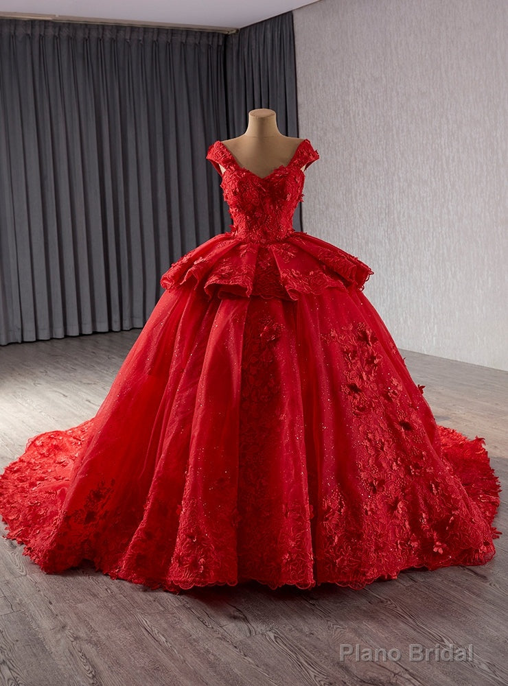 Red Tulle 3D Flower Ball Gown Prom Dress Main image