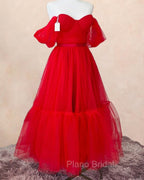 Red Tulle Ankle Length Ruffle Dresses