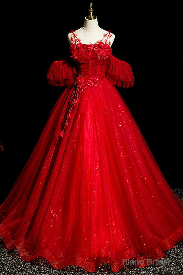 Red Tulle Ball Gown Off Shoulder Sweet 16 Formal Dresses, Red Evening Gown Party Dress Main image