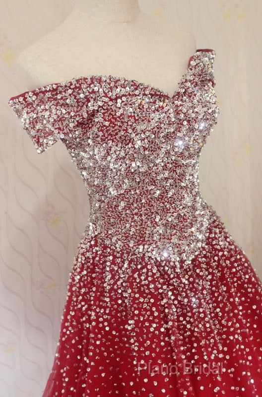 Red Tulle Beaded Off The Shoulder Long Party Gown, Red Formal Dresses