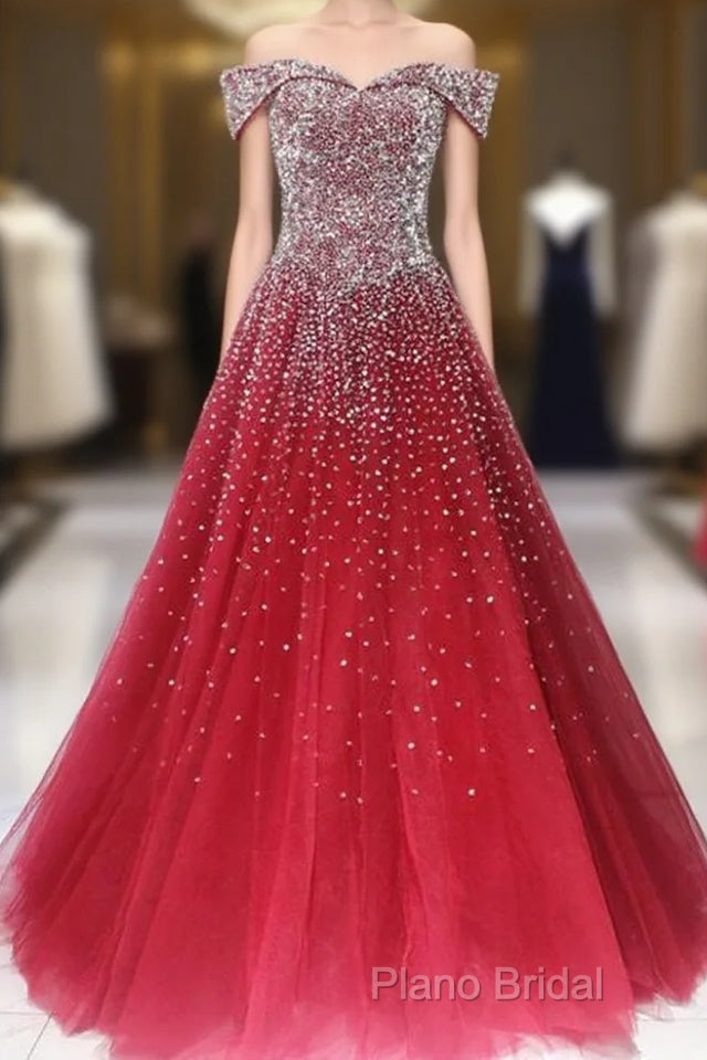 Red Tulle Beaded Off The Shoulder Long Party Gown, Red Formal Dresses Main image