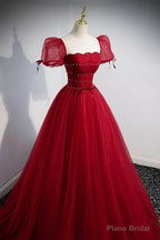Red Tulle Floor Length Evening Party Dress, Red Short Sleeve Graduation Dress