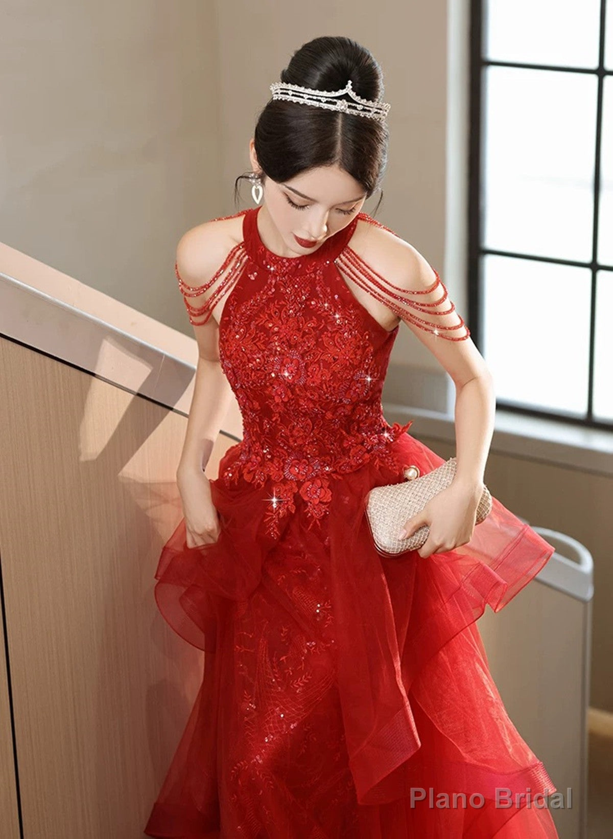 Red Tulle Halter A-line Long Evening Dress, Red Tulle Prom Dress Party Dress Secondary image