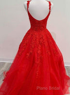 Red Tulle Lace Appliques Long Formal Prom Dresses A Line Formal Dresses