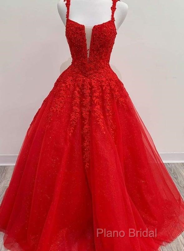 Red Tulle Lace Appliques Long Formal Prom Dresses A Line Formal Dresses