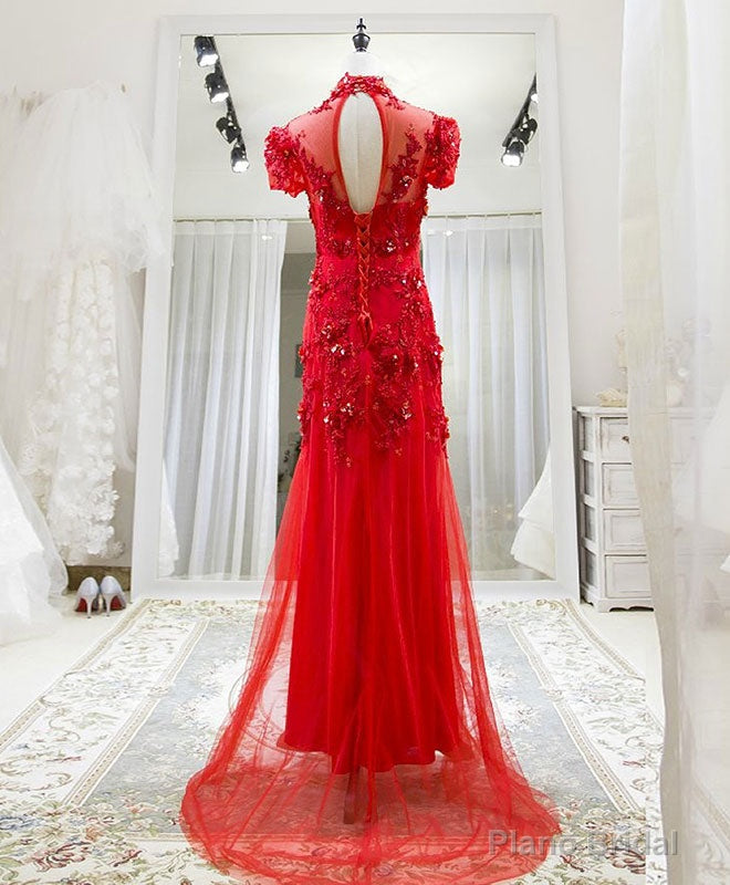 Red Tulle Lace Long Prom Dress, Red Lace Tulle Formal Dress Secondary image