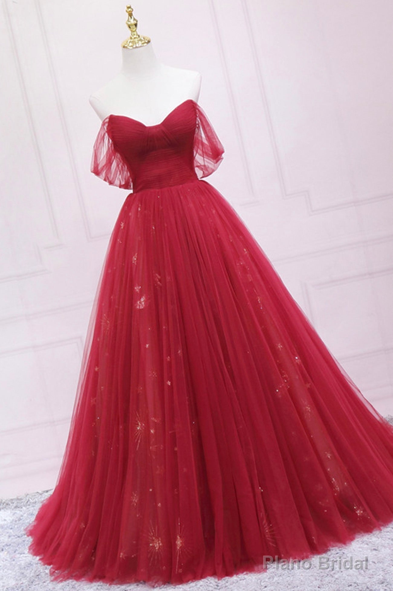 Red Tulle Long A-Line Prom Dress, Off the Shoulder Formal Evening Dress Secondary image