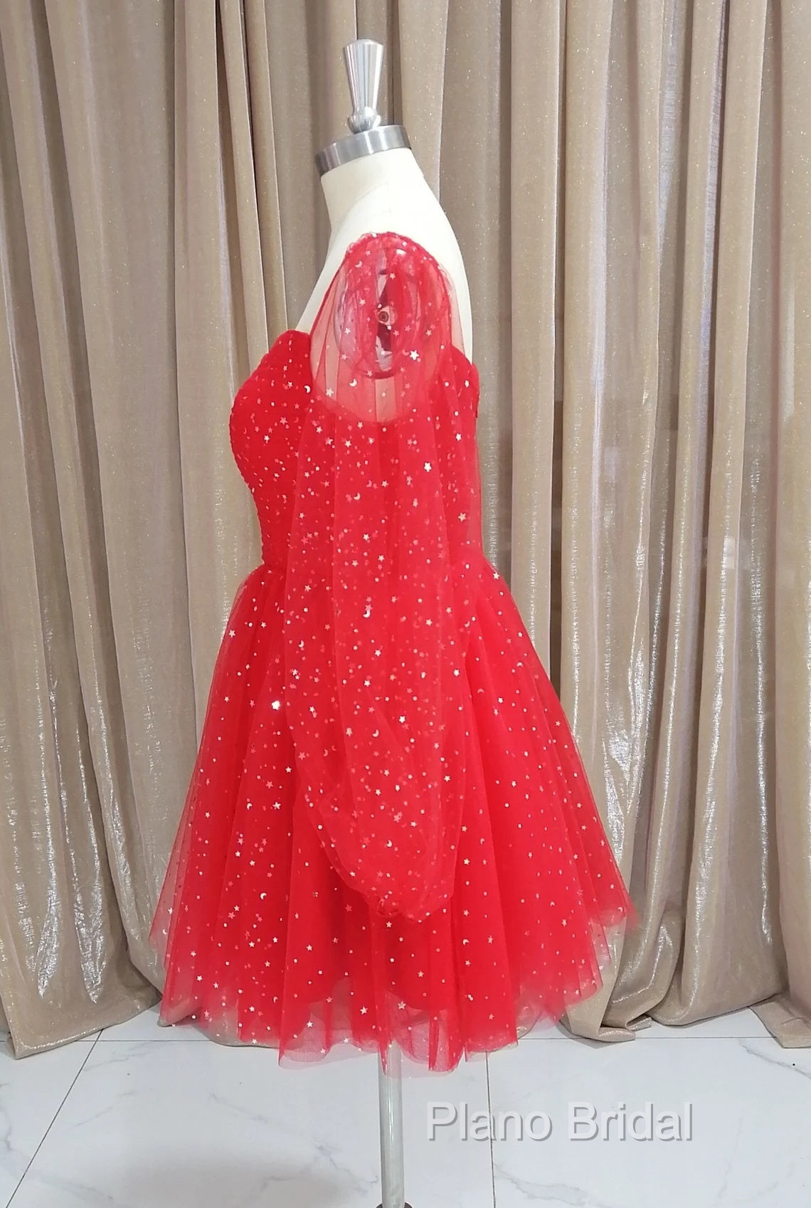 Red Tulle Long Puffy Sleeves Short Formal Prom Dresses, Red Tulle Homecoming Dresses Secondary image