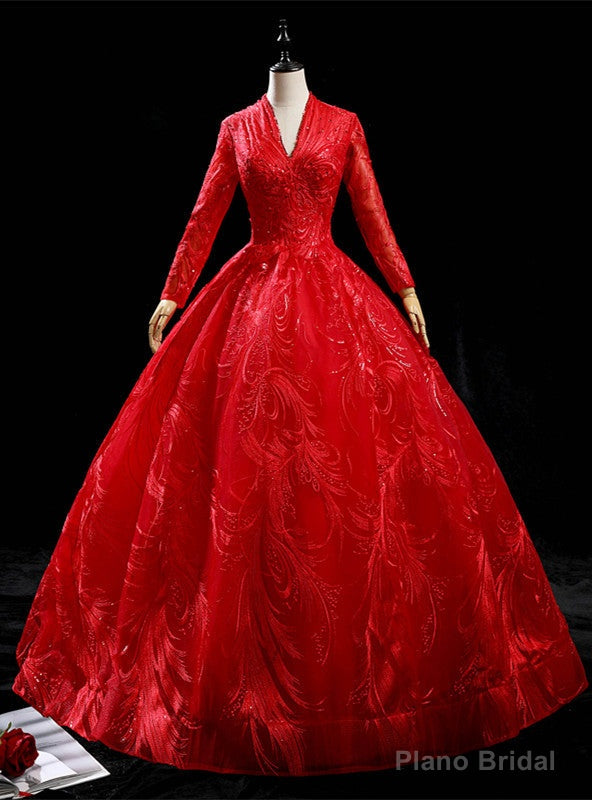 Red Tulle Long Sleeve V-neck Backless Quinceanera Dress Main image
