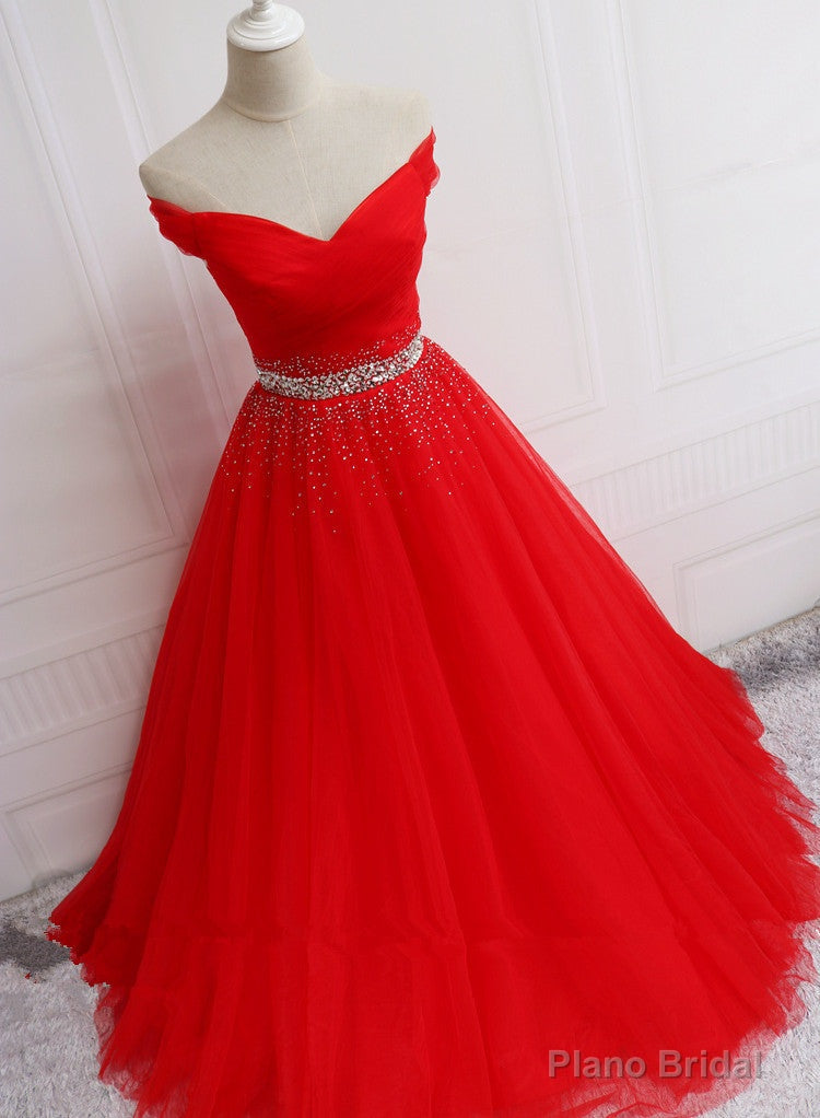 Red Tulle Off Shoulder Long Formal Gown , Red Sweet 16 Dresses Main image
