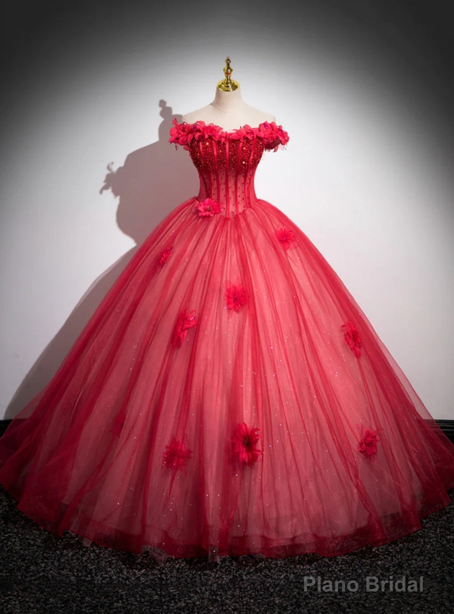 Red Tulle Off the Shoulder Beading Flower Quinceanera Dress Main image