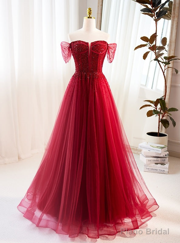 Red Tulle Off the Shoulder Beading Prom Dress Main image