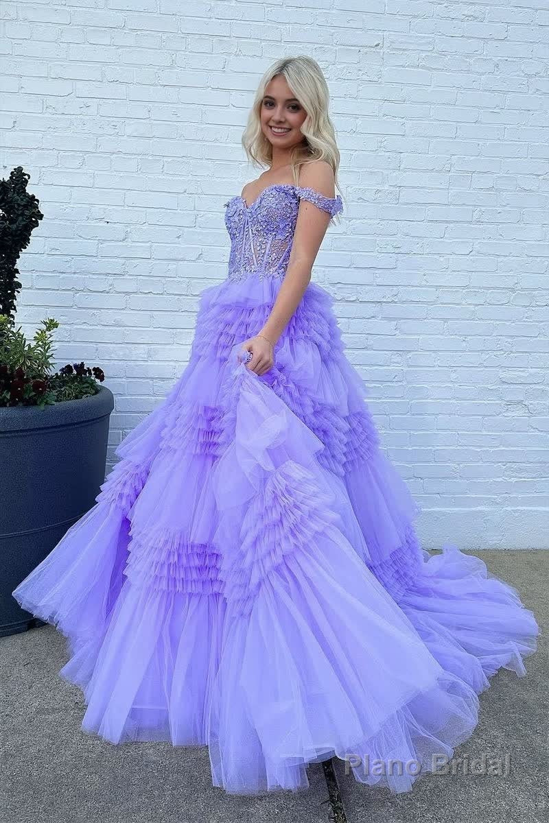 Red Tulle Off-the-Shoulder Ruffle Tiered Long Prom Dress