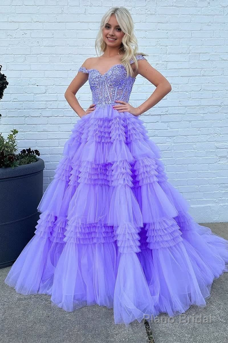 Red Tulle Off-the-Shoulder Ruffle Tiered Long Prom Dress