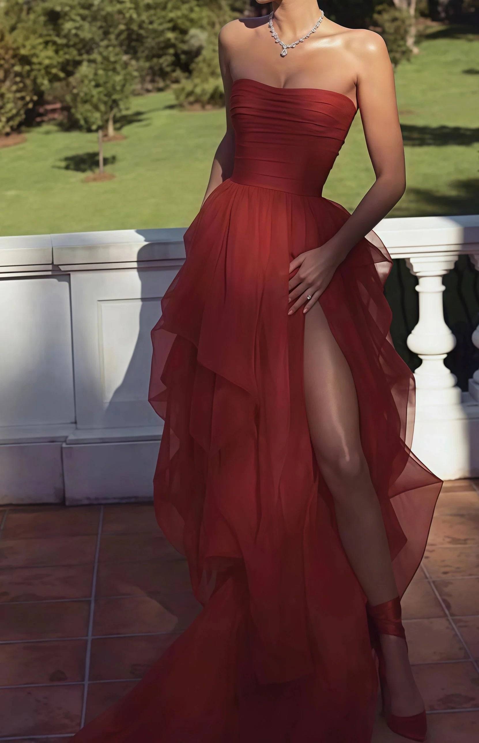 Red Tulle Formal Prom Dresses Strapless Ruffle Formal Evening Dresses Red Formal Prom Dresses