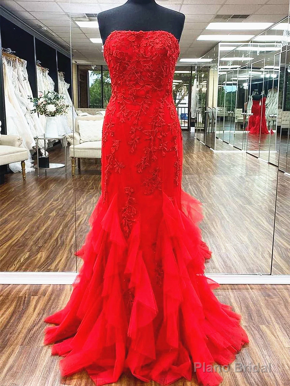 Red Tulle Ruffle Lace Mermaid Prom Dresses, Red Lace Ruffle Mermaid Long Formal Evening Dresses Main image