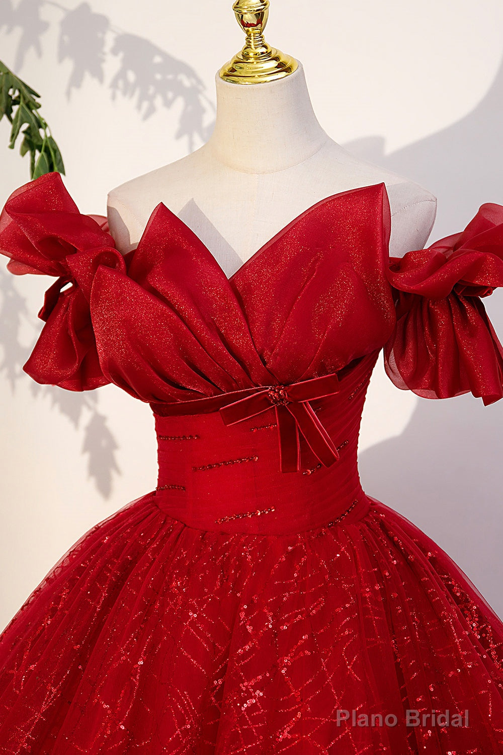 Red Tulle Sequins Long Formal Dress, Off the Shoulder Evening Dress