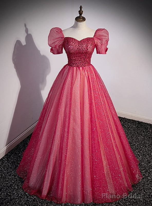 Red Tulle Sequins Puff Sleeve Prom Dress Main image