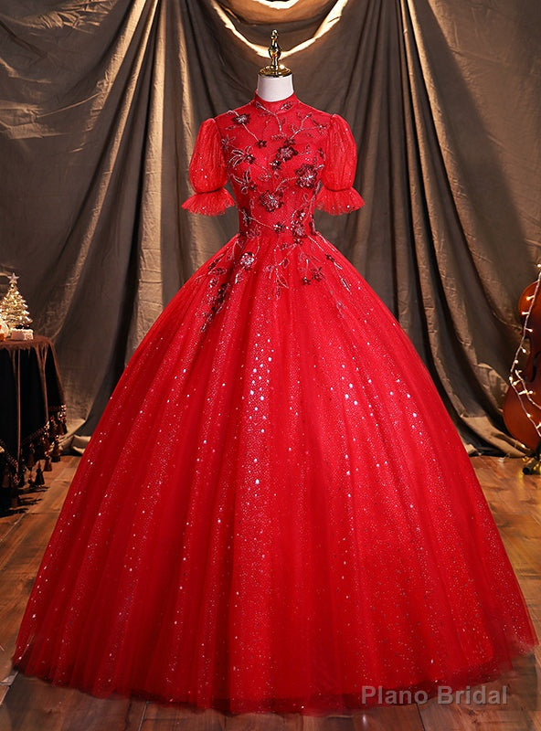 Red Tulle Sequins Short Sleeve Quinceanera Dresses Main image