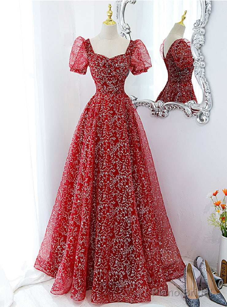 Red Tulle Sequins Square Puff Sleeve Prom Dress Main image