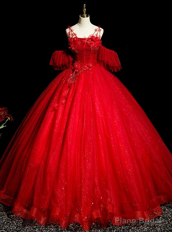 Red Tulle Sequins Straps Flower Pleats Quinceanera Dress Main image