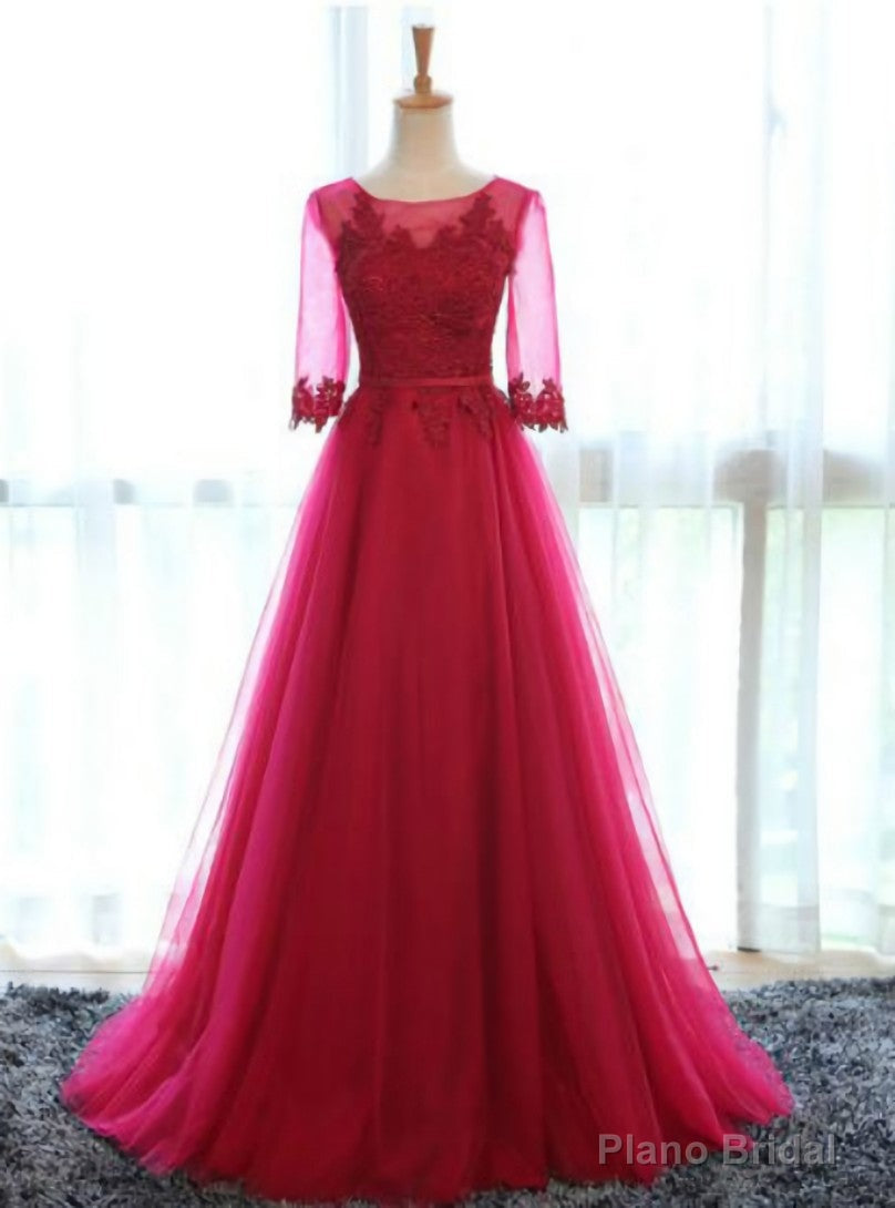 Red Tulle Short Sleeve Lace Bridesmaid Dress