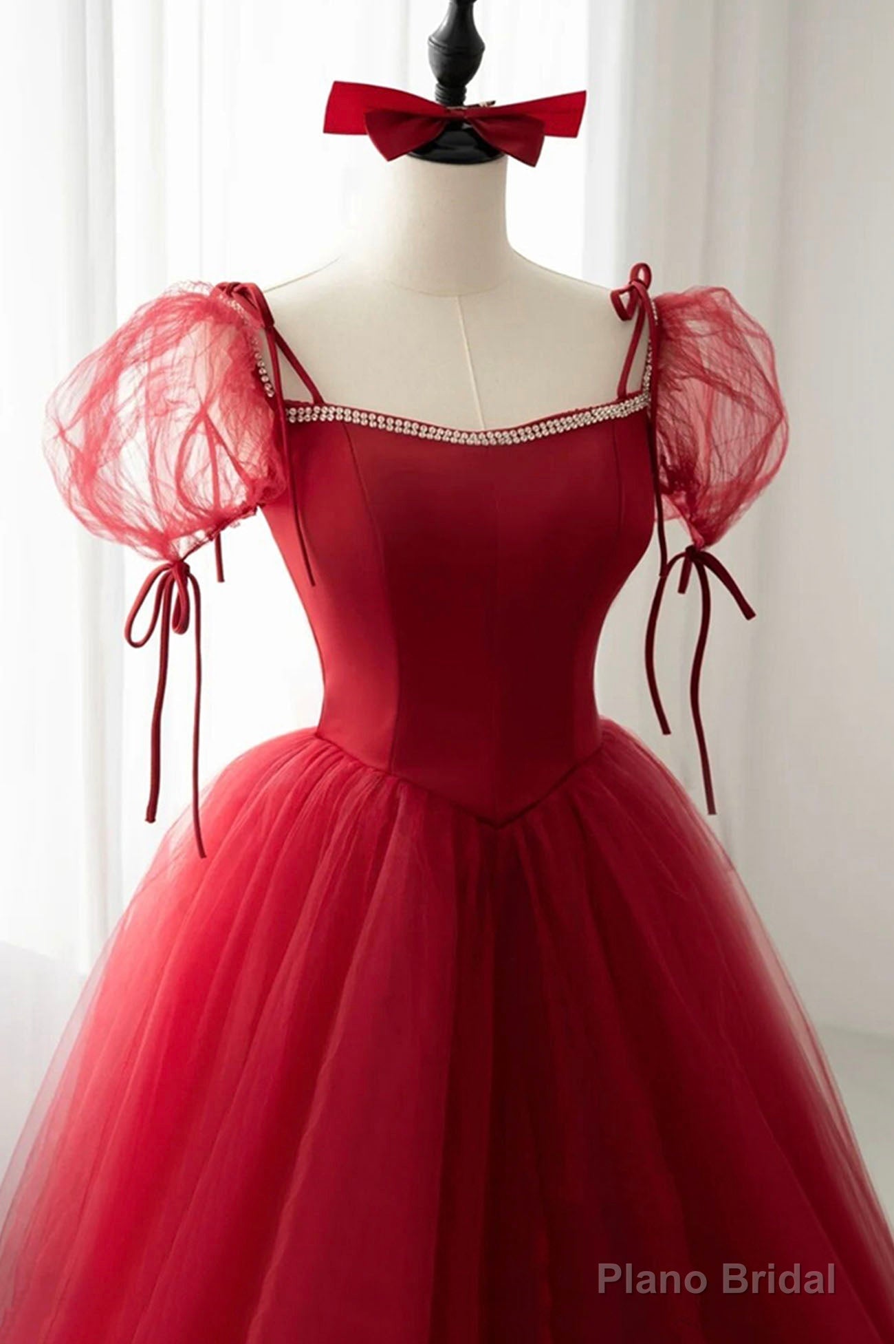 Red Tulle Short Sleeve Prom Dress, A-Line Floor Length Evening Graduation Dress Secondary image