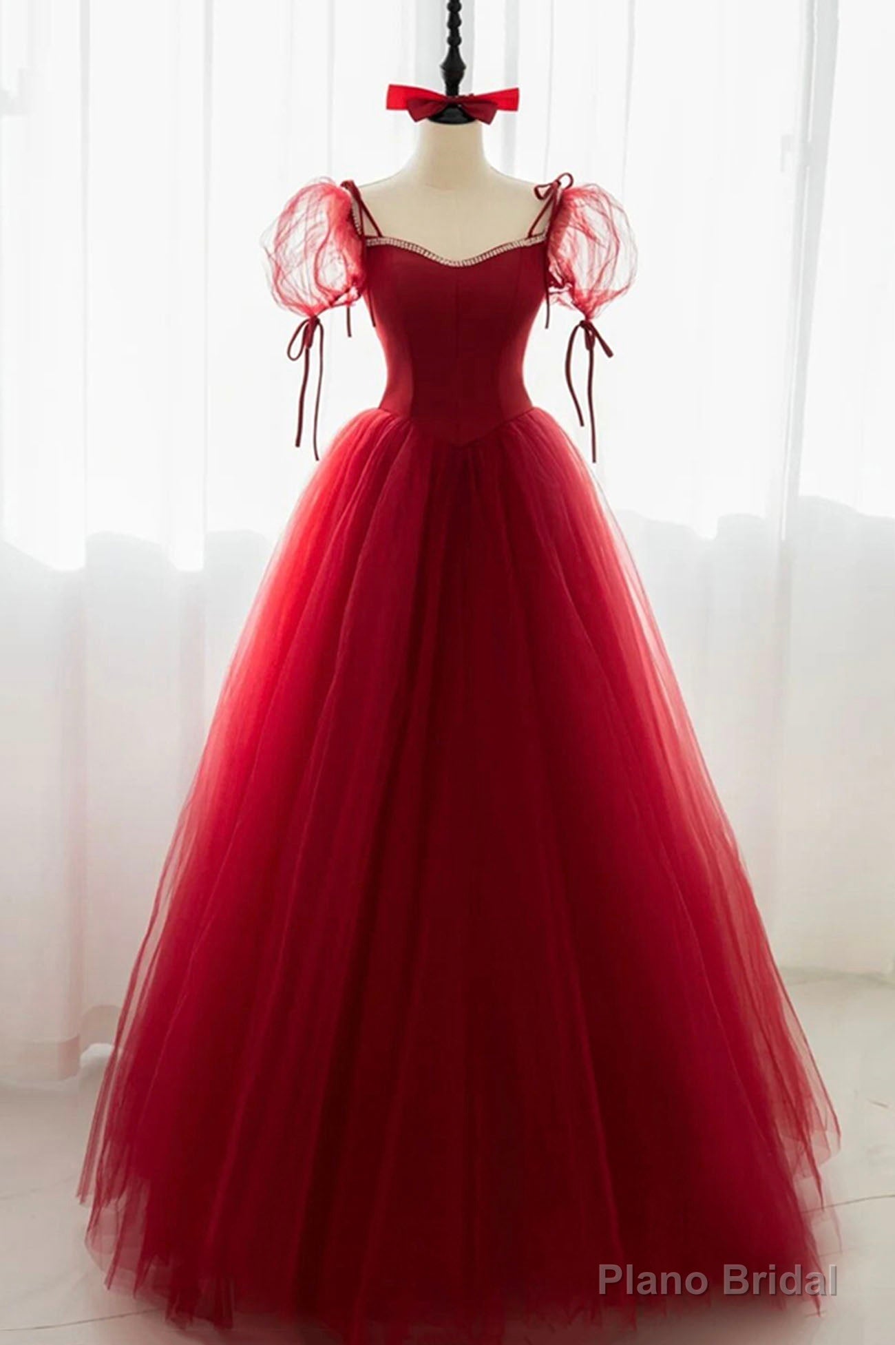 Red Tulle Short Sleeve Prom Dress, A-Line Floor Length Evening Graduation Dress Main image