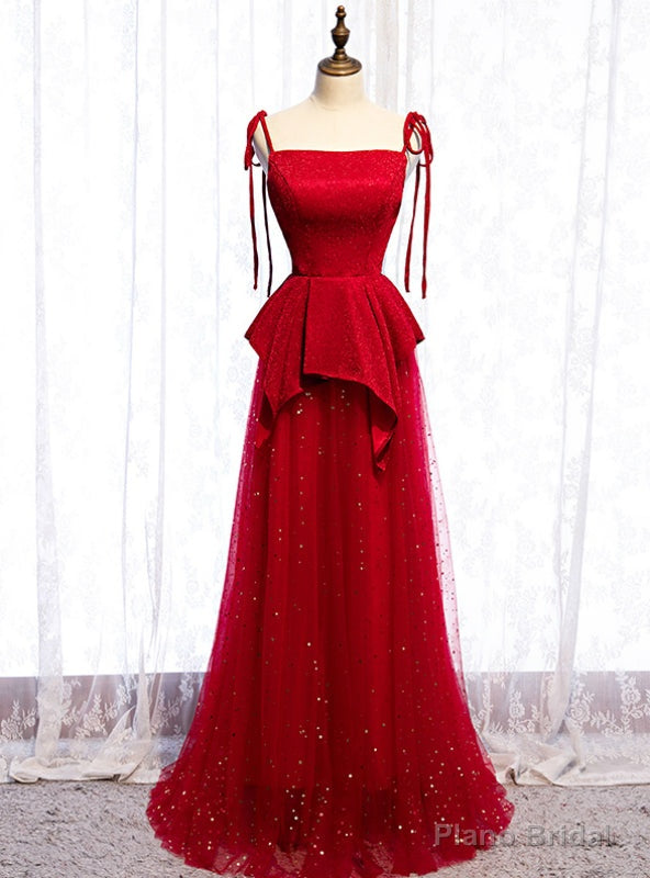 Red Tulle Spagehtti Straps Sequins Long Prom Dress Main image
