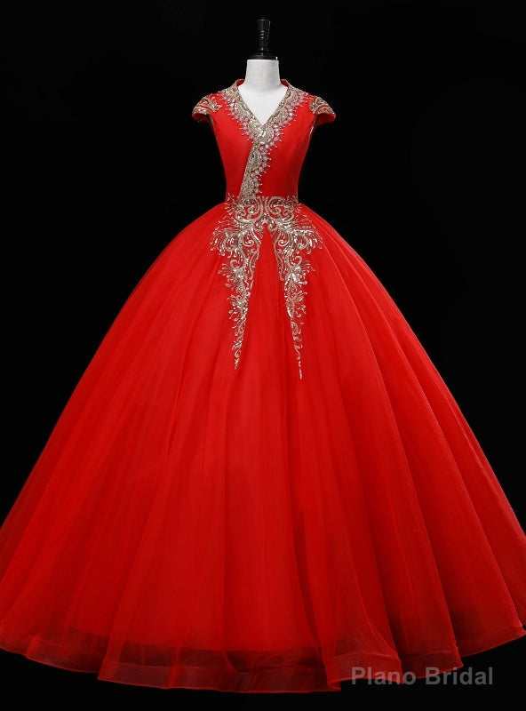 Red Tulle V-neck Cap Sleeve Sequins Beading Quinceanera Dress Main image