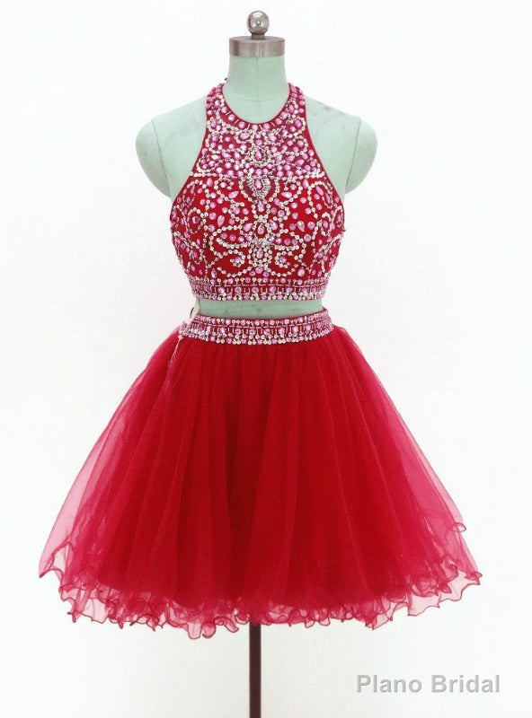Red Two Piece Halter Tulle Backless Beading Homecoming Dress Main image