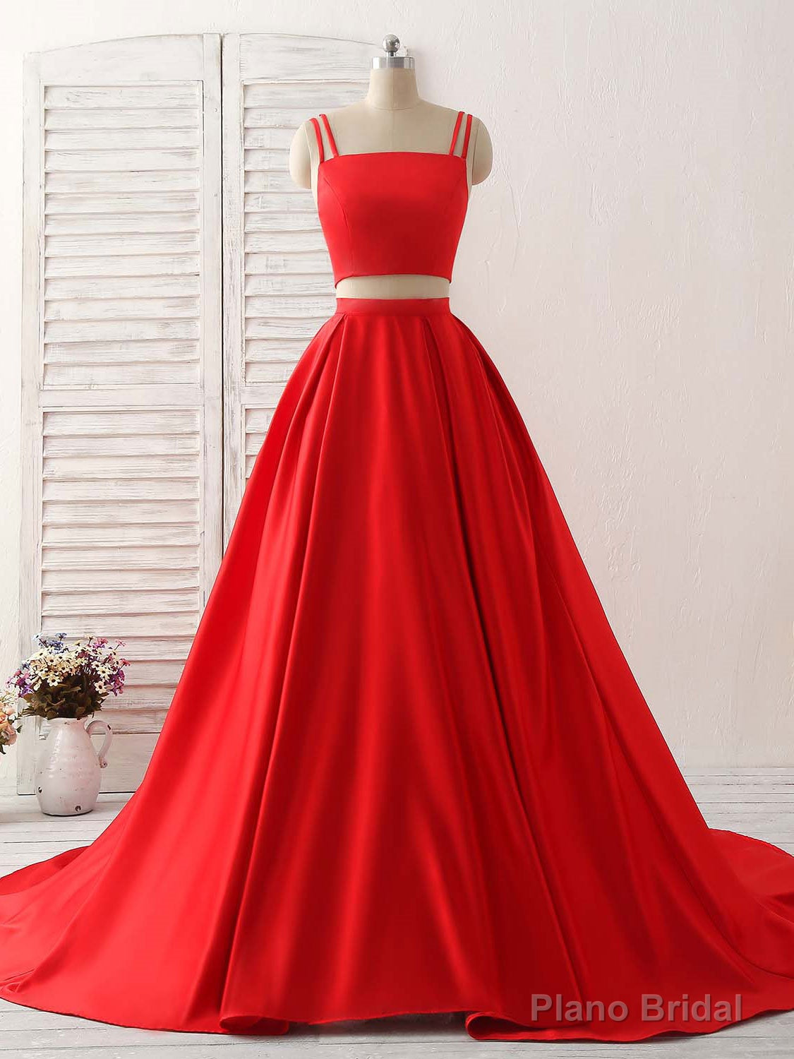 Red Two Pieces Satin Long Prom Dress Simple Red Evening Dress Main image