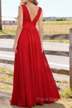 Red V Neck Chiffon Floor Length Bridesmaid Dresses Long Bridesmaid Dress With Pleated Split
