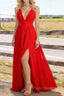 Red V Neck Chiffon Floor Length Bridesmaid Dresses Long Bridesmaid Dress With Pleated Split