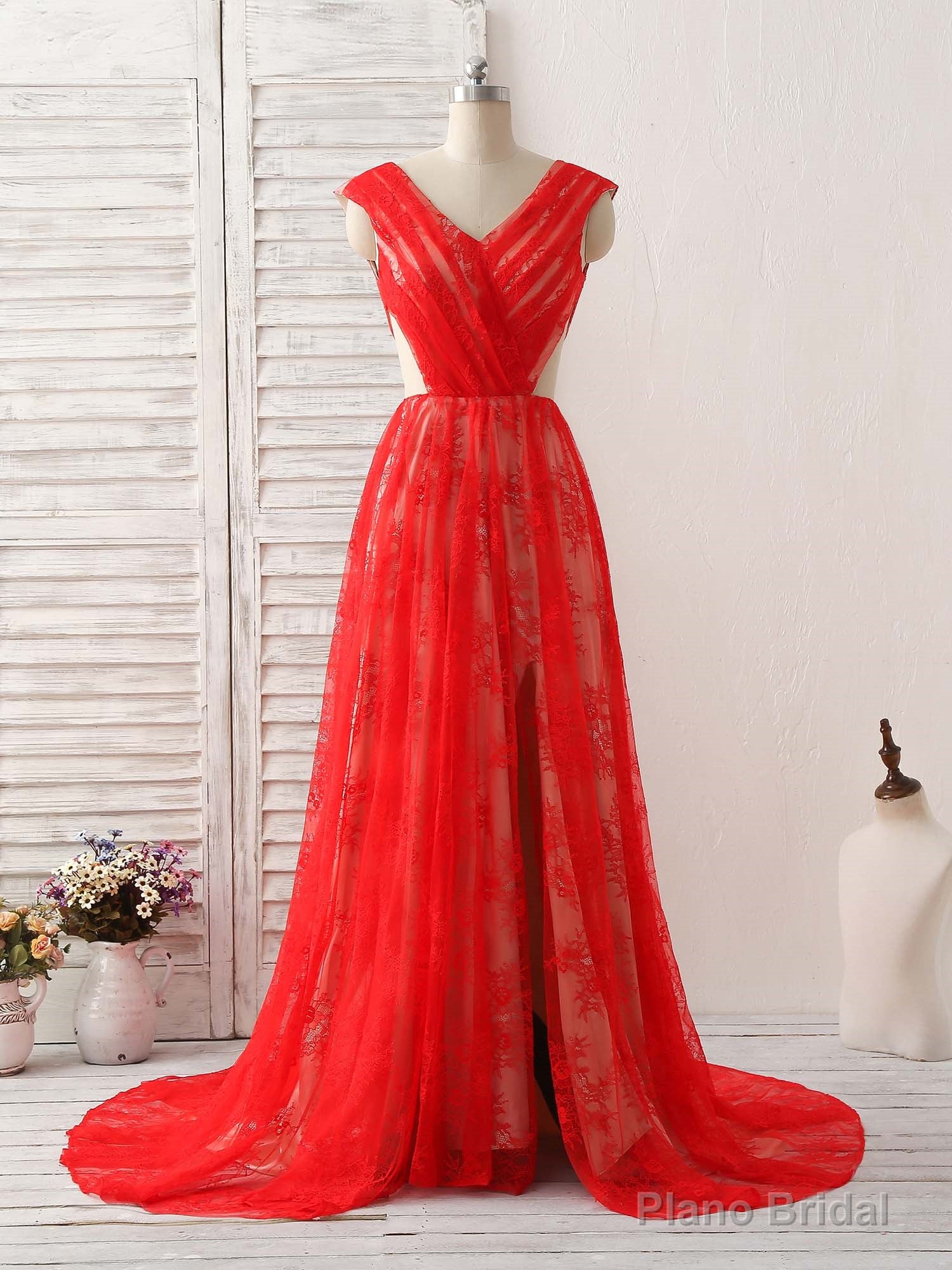 Red V Neck Lace Long Prom Dress, Lace Evening Dress Main image