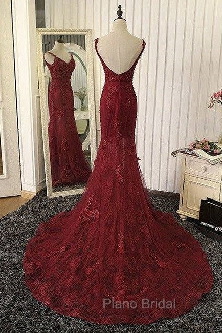 Red V Neck Lace Mermaid Long Formal Prom Dresses, Red Evening Dresses Secondary image