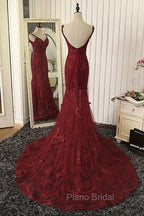 Red V Neck Lace Mermaid Long Formal Prom Dresses, Red Evening Dresses
