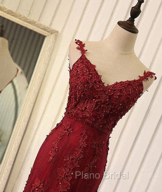 Red V Neck Lace Mermaid Long Formal Prom Dresses, Red Evening Dresses