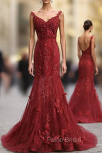 Red V Neck Lace Mermaid Long Formal Prom Dresses, Red Evening Dresses