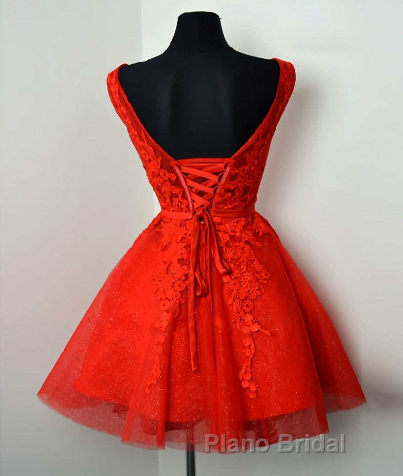 Red v neck lace tulle short Formal Prom dress, red homecoming dress Secondary image