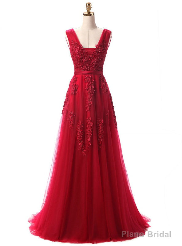 Red V Neck Long Lace Appliques Prom Dresses Main image