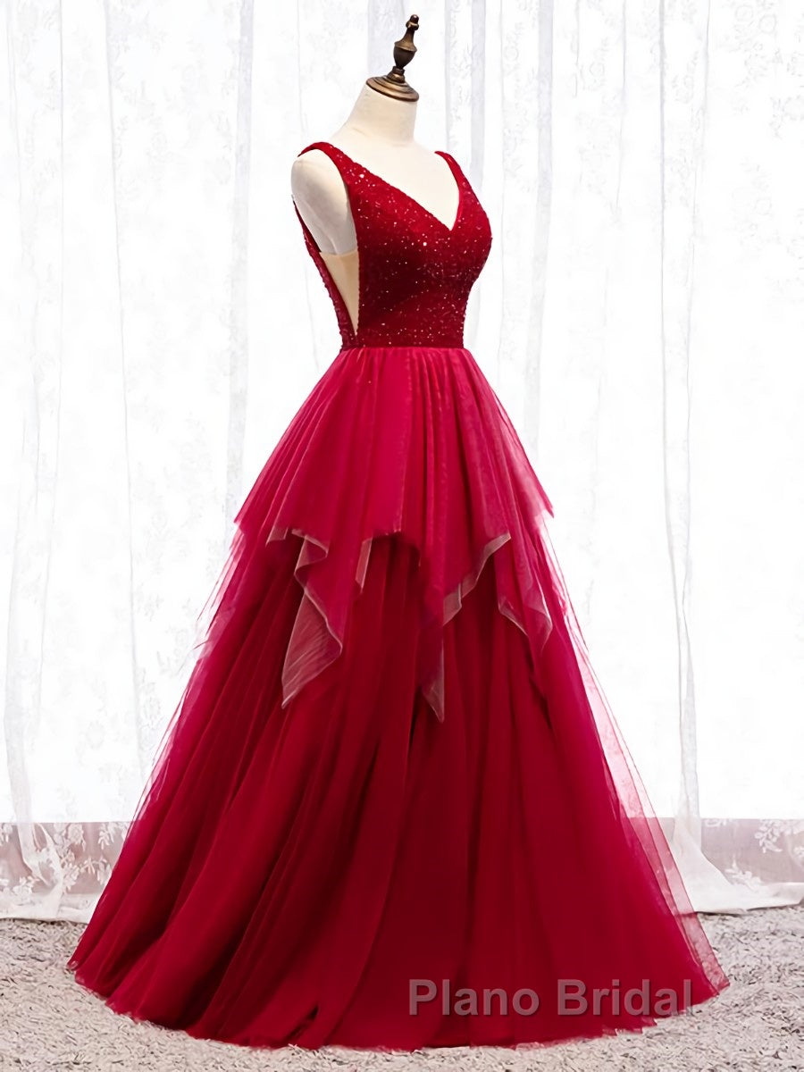 Red V Neck Long Formal Prom Dresses with Corset Back, Red Floor Length Formal Prom Gown, Evening Dresses Secondary image