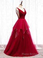 Red V Neck Long Formal Prom Dresses with Corset Back, Red Floor Length Formal Prom Gown, Evening Dresses