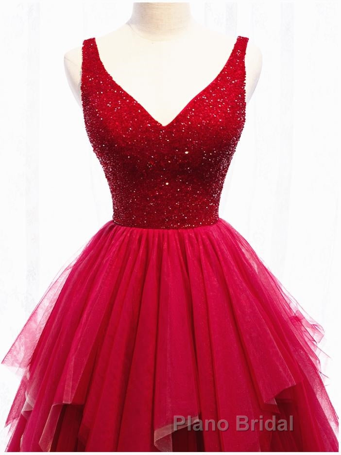 Red V Neck Long Formal Prom Dresses with Corset Back, Red Floor Length Formal Prom Gown, Evening Dresses