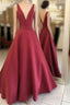 Red V Neck Satin Long Formal Prom Dresses, Red Formal Dresses