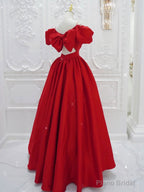 Red V Neck Satin Long Prom Dress, Red Formal Evening Dresses