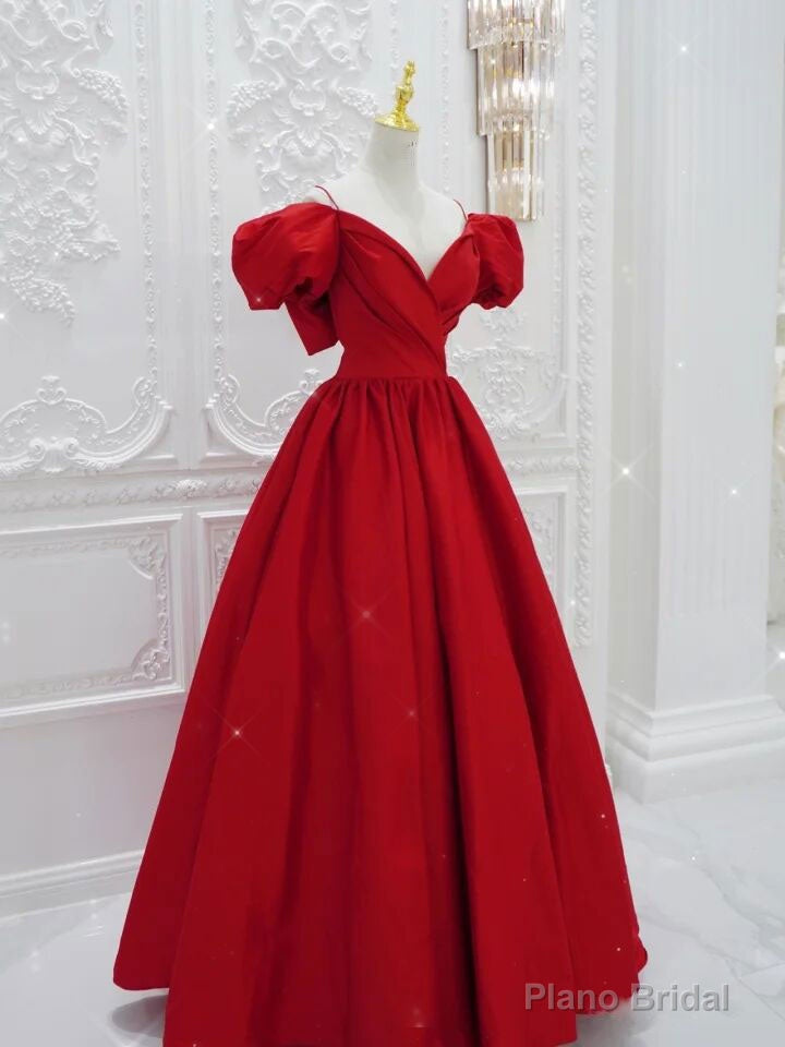 Red V Neck Satin Long Prom Dress, Red Formal Evening Dresses Main image