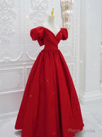 Red V Neck Satin Long Prom Dress, Red Formal Evening Dresses